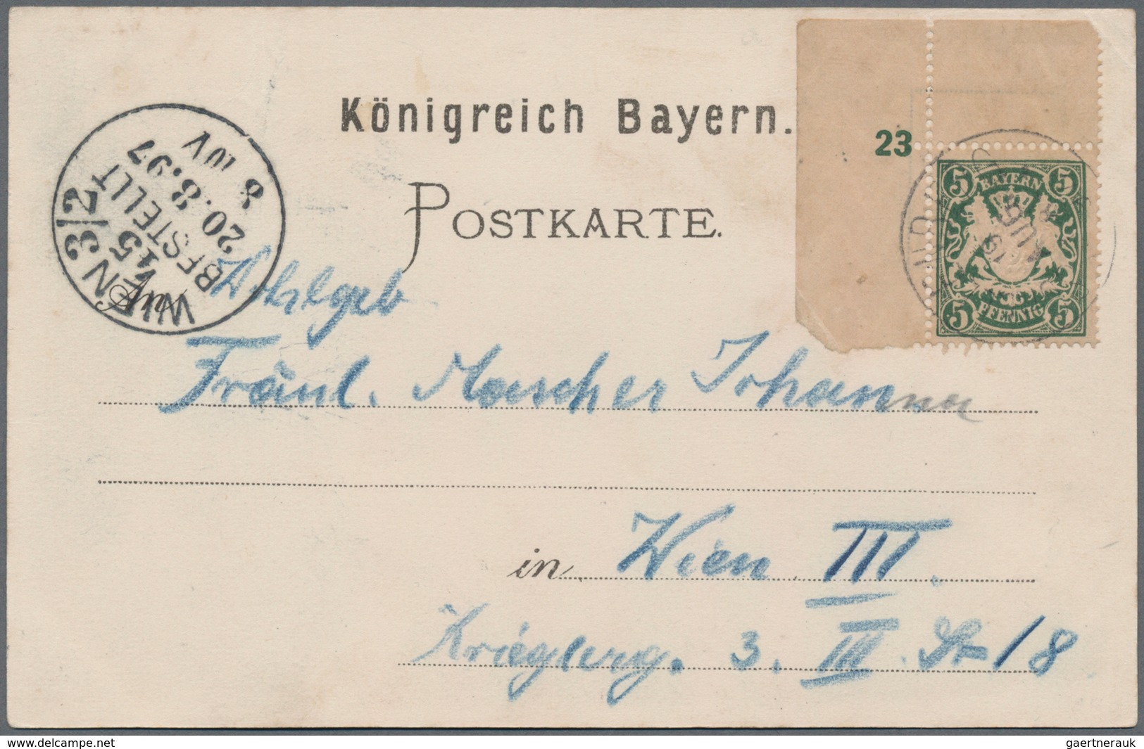 Bayern - Marken Und Briefe: 1897, 5 Pf. Wappen Auf Grauem Papier, Linkes Oberes ER-Stück Mit Platten - Andere & Zonder Classificatie