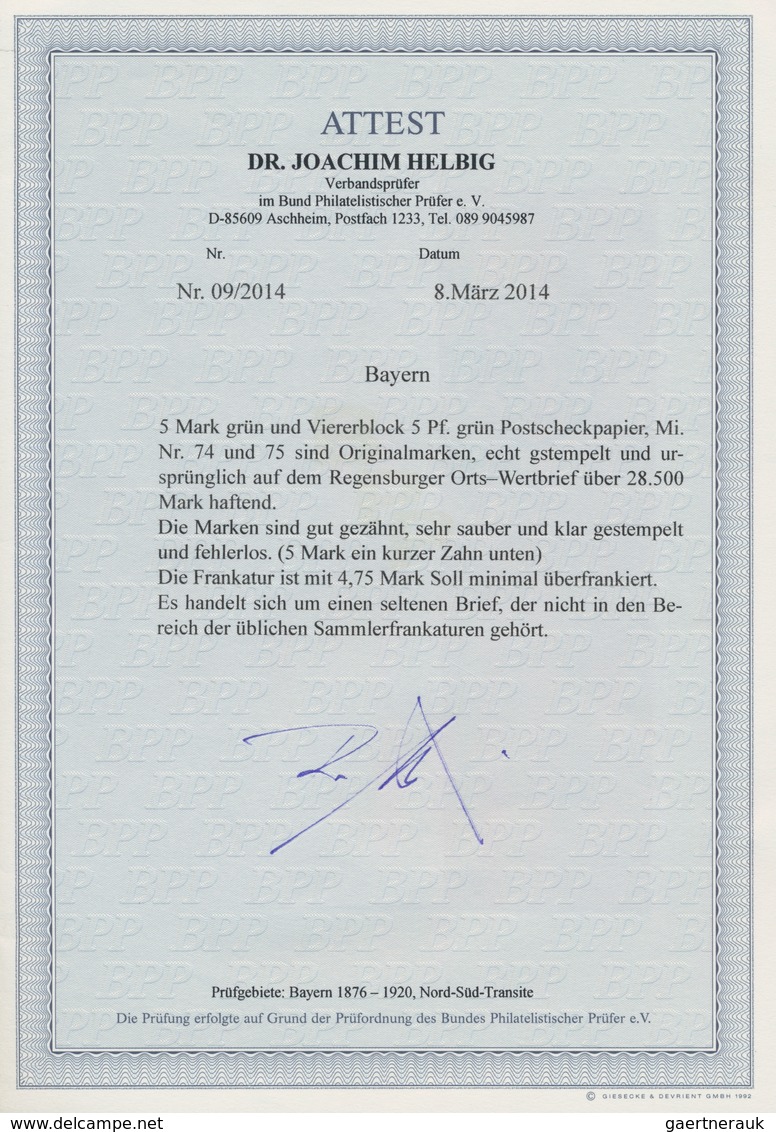 Bayern - Marken Und Briefe: 1911 5 M. Gelbgrün Mit Bogenrand Oben Zusammen Mit Viererblock 5 Pf. Grü - Other & Unclassified