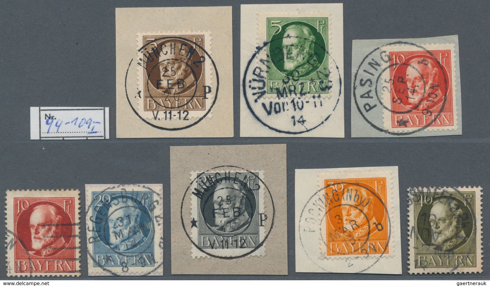 Bayern - Marken Und Briefe: 1914, Ludwig II 3 Pf. Bis 10 Mark Im FRIEDENSDRUCK Auf Briefstücken Meis - Sonstige & Ohne Zuordnung