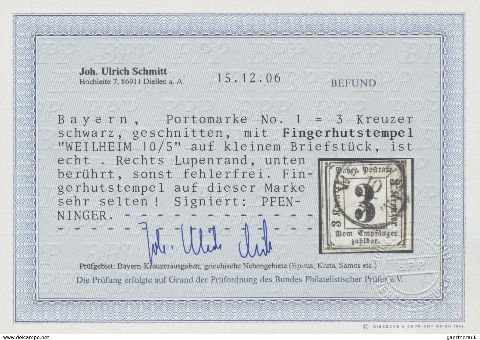Bayern - Portomarken: 1862 Portomarke 3 Kr. Geschnitten Mit Sehr Seltenem Fingerhut-K1 "WEILHEIM 10/ - Andere & Zonder Classificatie