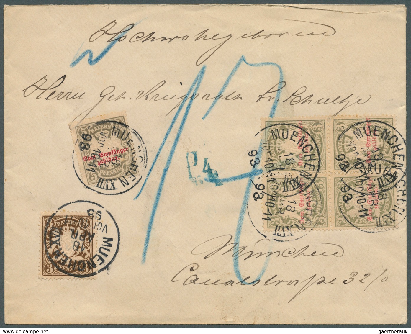Bayern - Portomarken: 1893, 3 Pf. Wappen Auf Orts-Doppelbrief MUENCHEN XVII / 18.4.93, Nur Als Einfa - Other & Unclassified