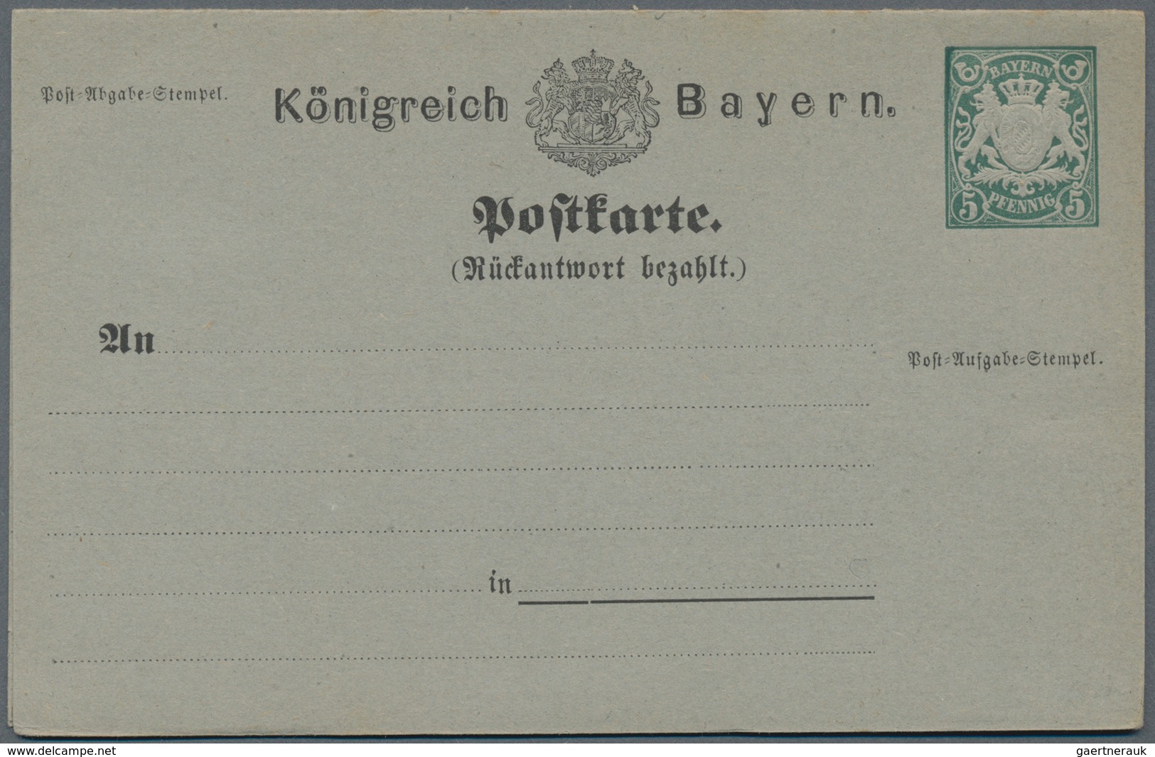 Bayern - Ganzsachen: 1876. Doppelkarte 5+5 Pf Grün Wappen Mit Druckfehler: "N" Statt "R" In "Rückant - Other & Unclassified