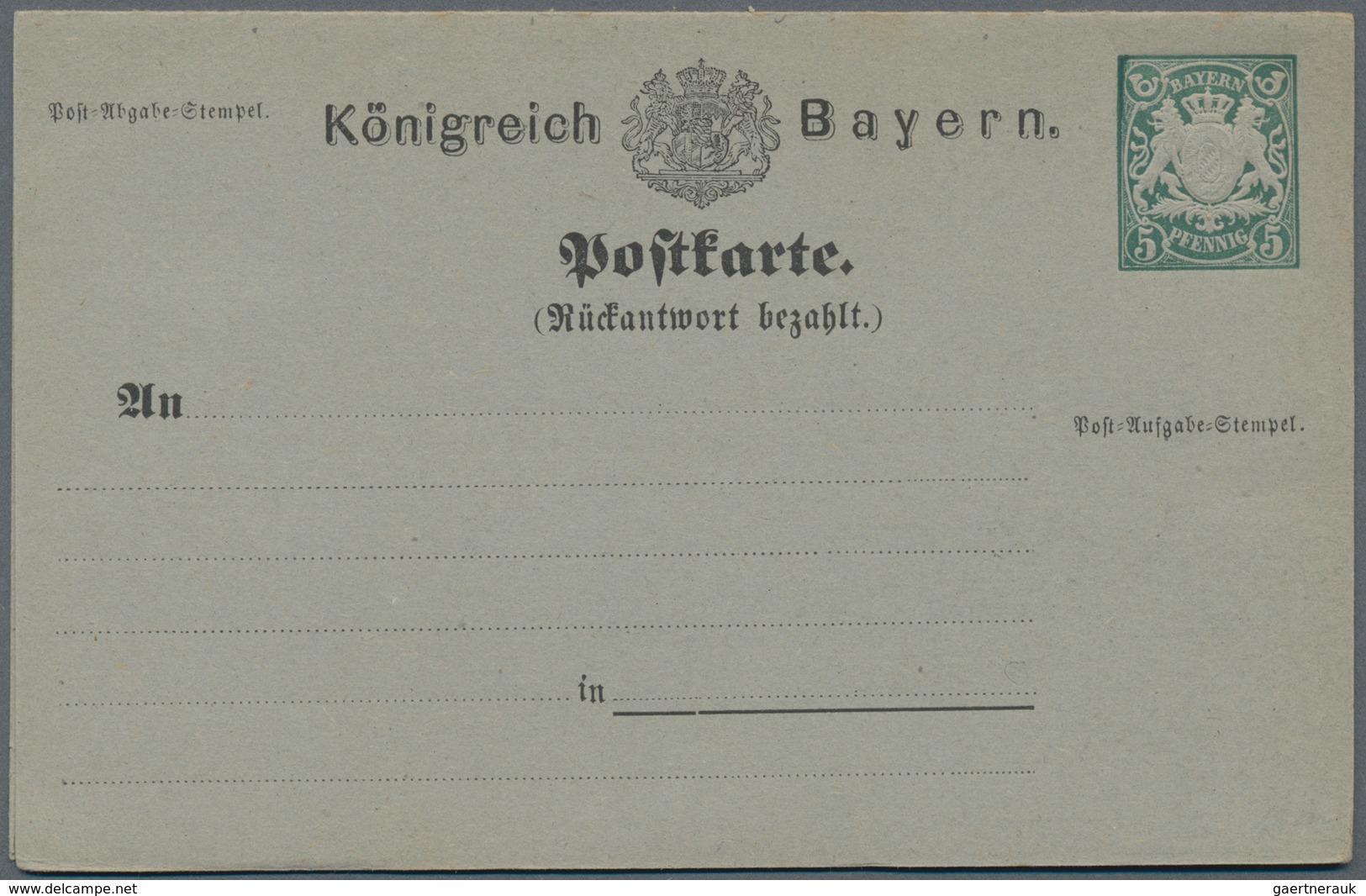 Bayern - Ganzsachen: 1876. Doppelkarte 5+5 Pf Grün Wappen Mit Druckfehler: "N" Statt "R" In "Rückant - Sonstige & Ohne Zuordnung