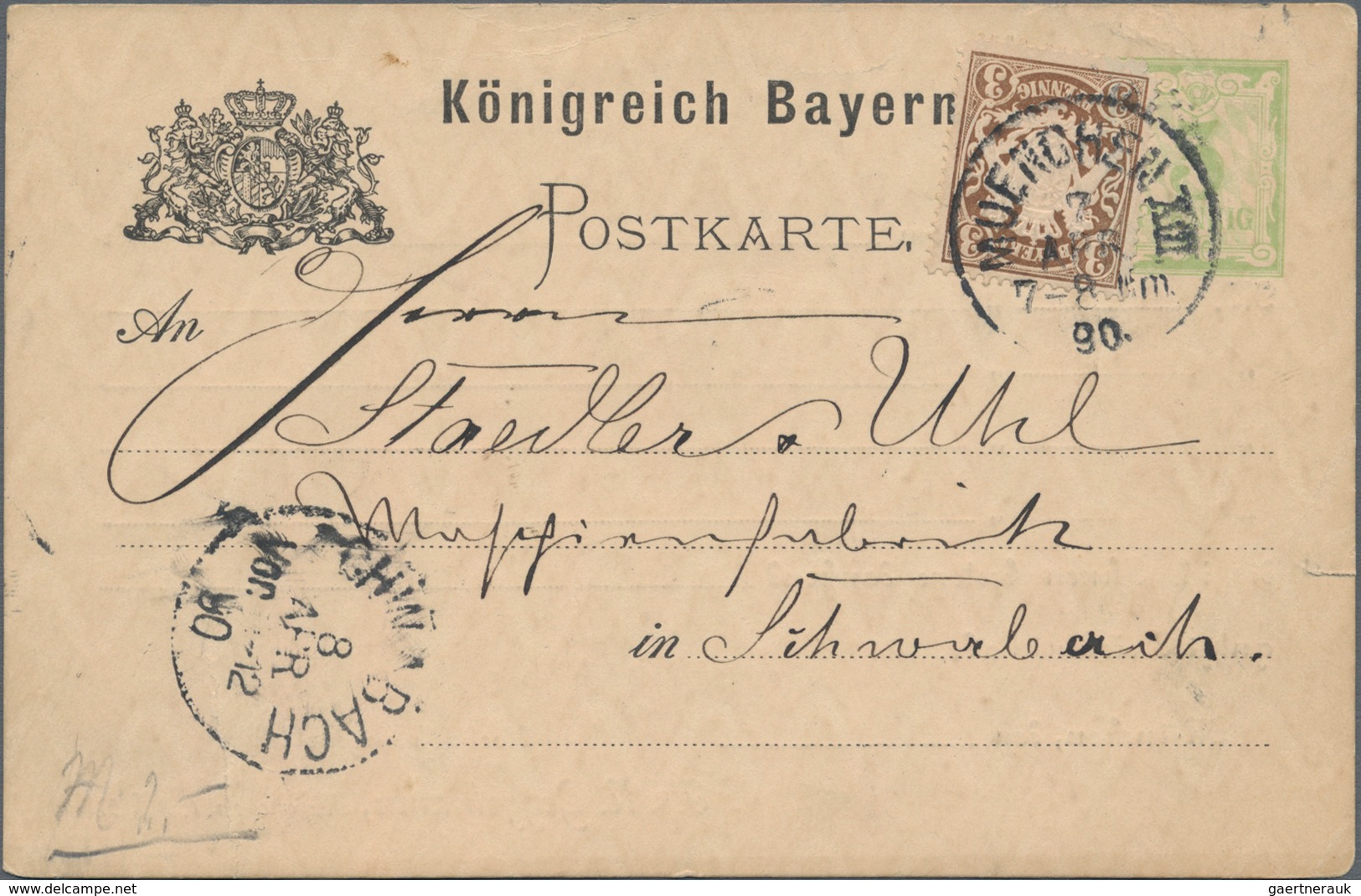 Bayern - Ganzsachen: 1883/1890, Ortskarte 3 Pfg. Grün, Drei Auffrankierte Karten Im Fern-/Auslandsve - Sonstige & Ohne Zuordnung