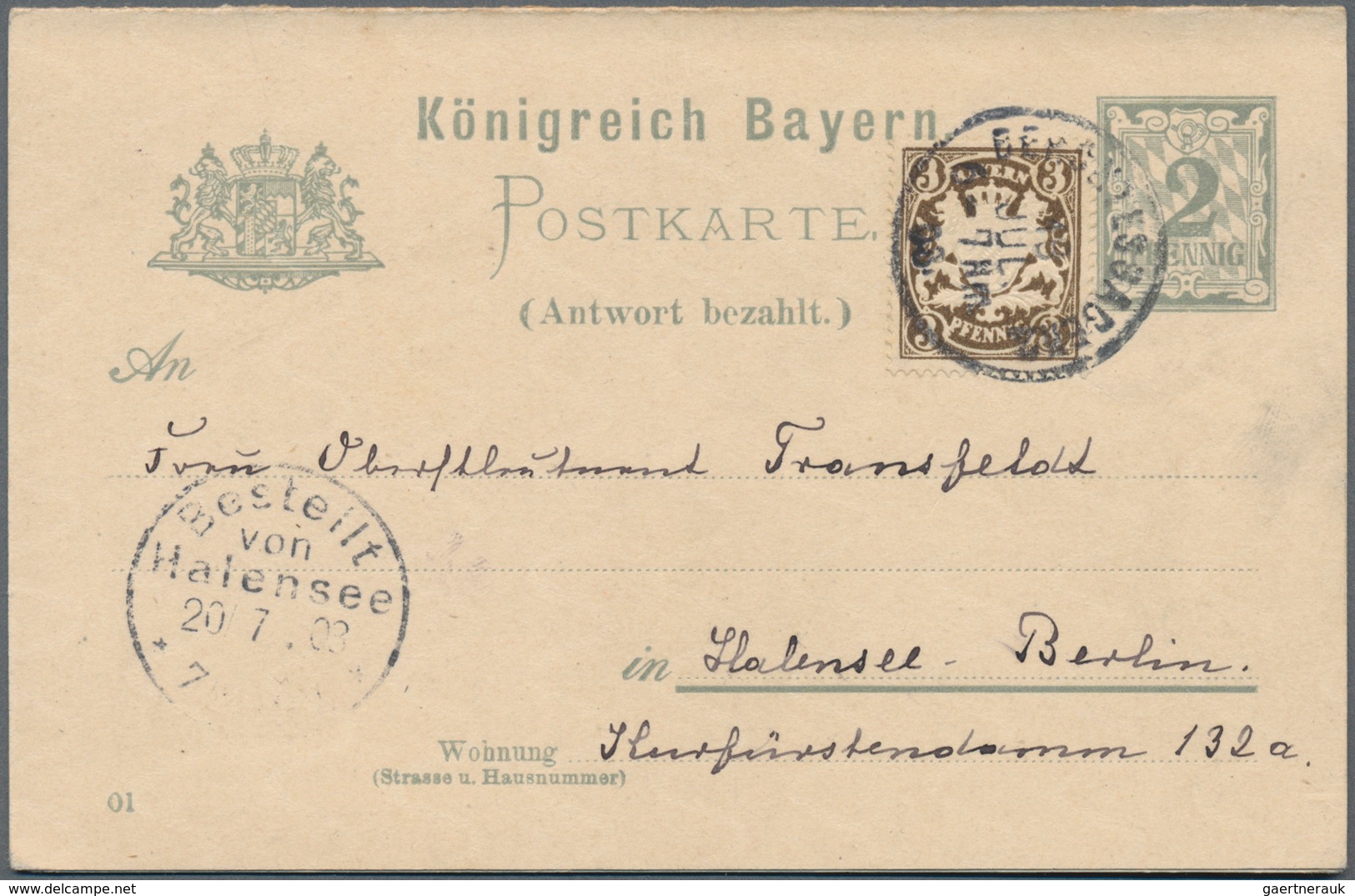 Bayern - Ganzsachen: 1903. Doppelkarte 2+2 Pf Ziffer/Rauten Mit Zfr. 3 Pf Wappen Bedarfsgebraucht Vo - Sonstige & Ohne Zuordnung