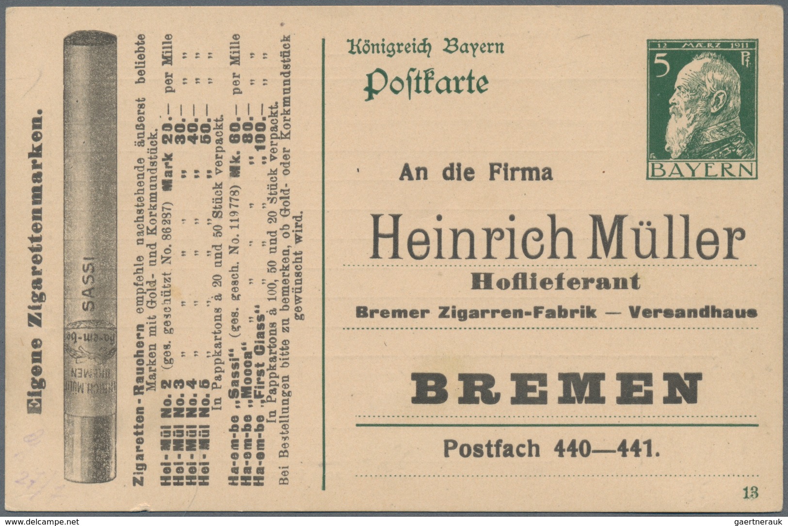 Bayern - Ganzsachen: 1911, Postkarte Prinzregent Luitpold 5 Pf- Grün Mit Zudruck 'Heinrich Müller/Br - Other & Unclassified