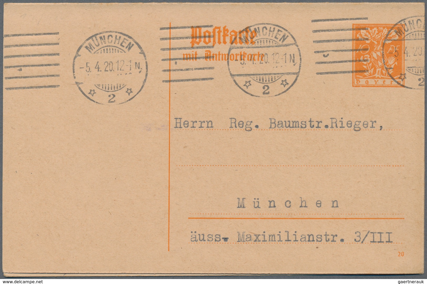 Bayern - Ganzsachen: 1920. Doppelkarte 10+10 Pf (Abschiedsausgabe), Gebraucht In "München 5.4.20". A - Other & Unclassified