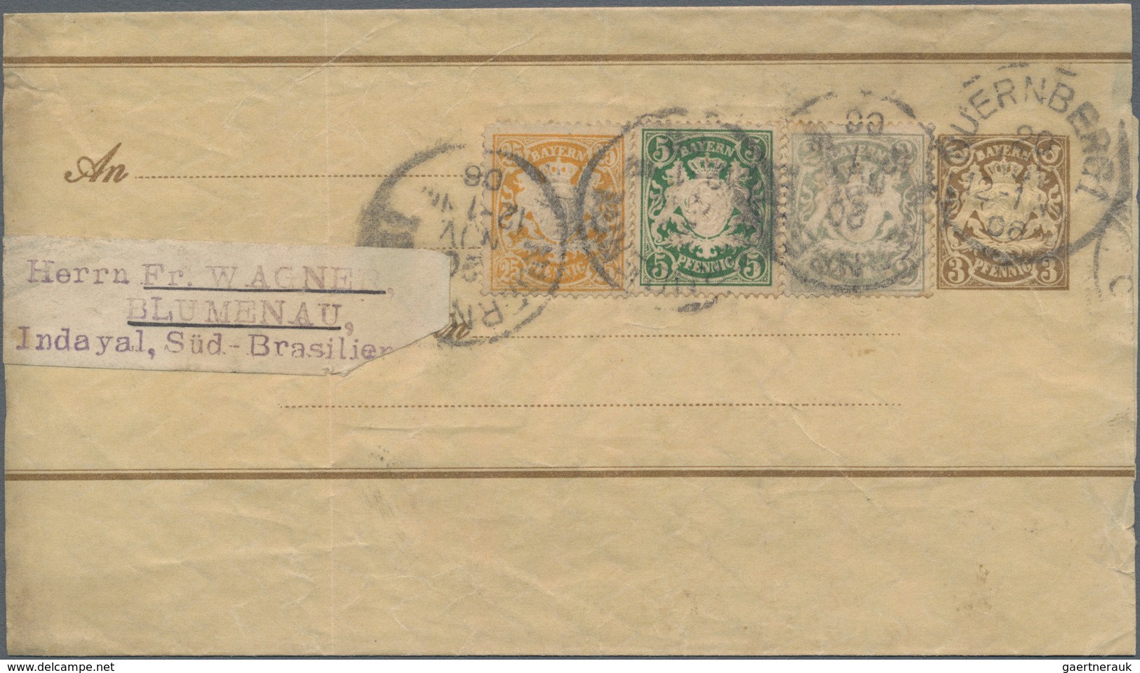 Bayern - Ganzsachen: 1906, Streifband 3 Pfg. Braun Mit Zusatzfrankatur 2 Pfg. Grau, 5 Pfg. Grün Und - Other & Unclassified