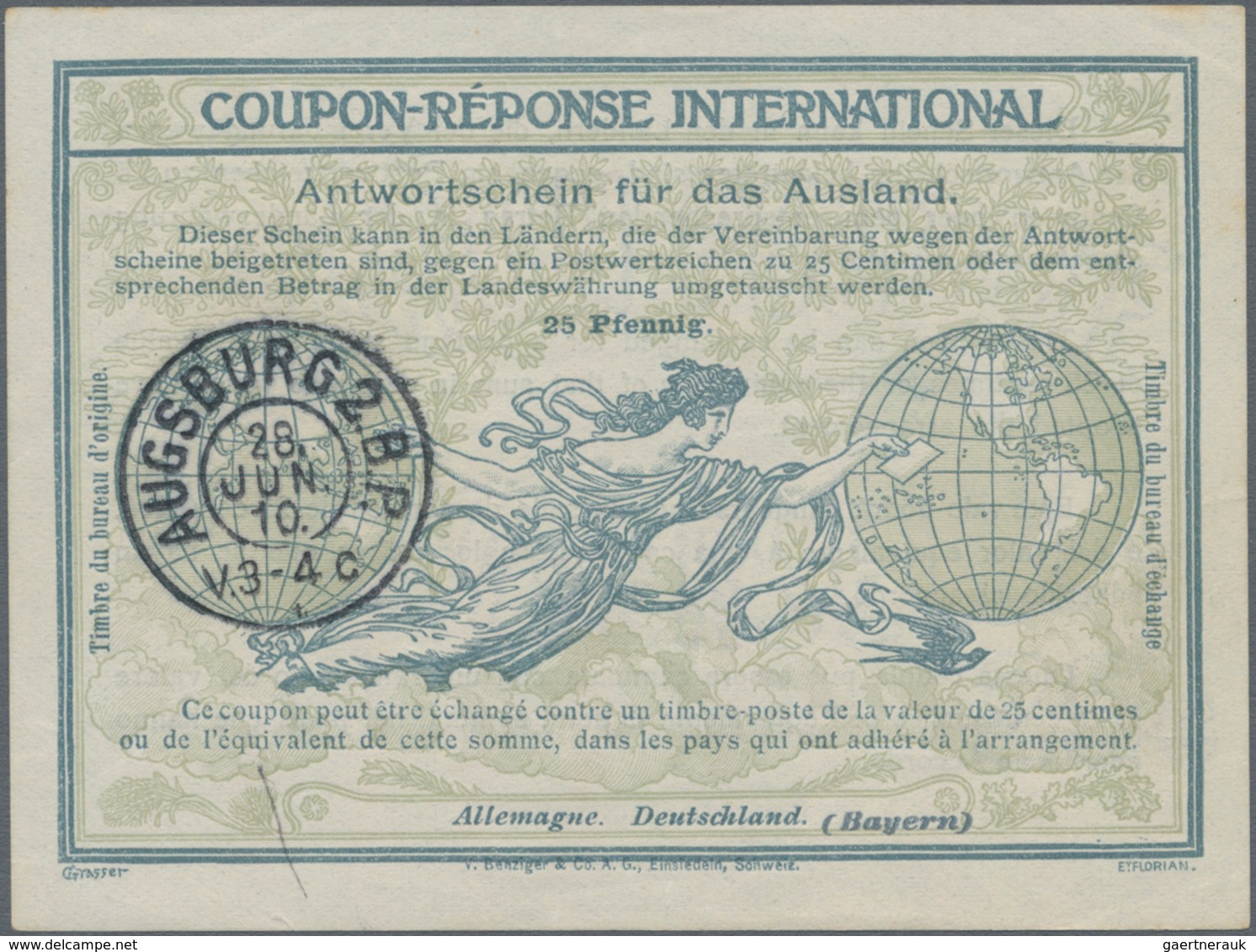 Bayern - Ganzsachen: 1910, Internationaler Antwortschein 25 Pfg. Gebraucht "AUGSBURG 28 JUN 10". - Andere & Zonder Classificatie