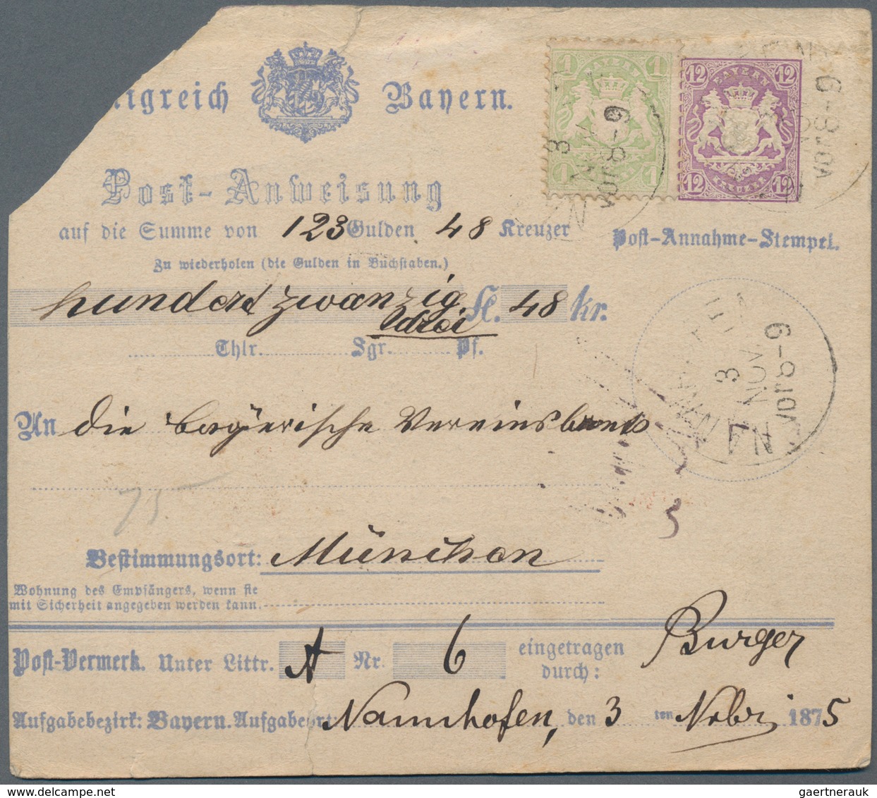 Bayern - Postanweisungen: 1874, Postanweisungs-Ganzsache 12 Kr Violett, Type II Mit Zusatzfrankatur - Andere & Zonder Classificatie