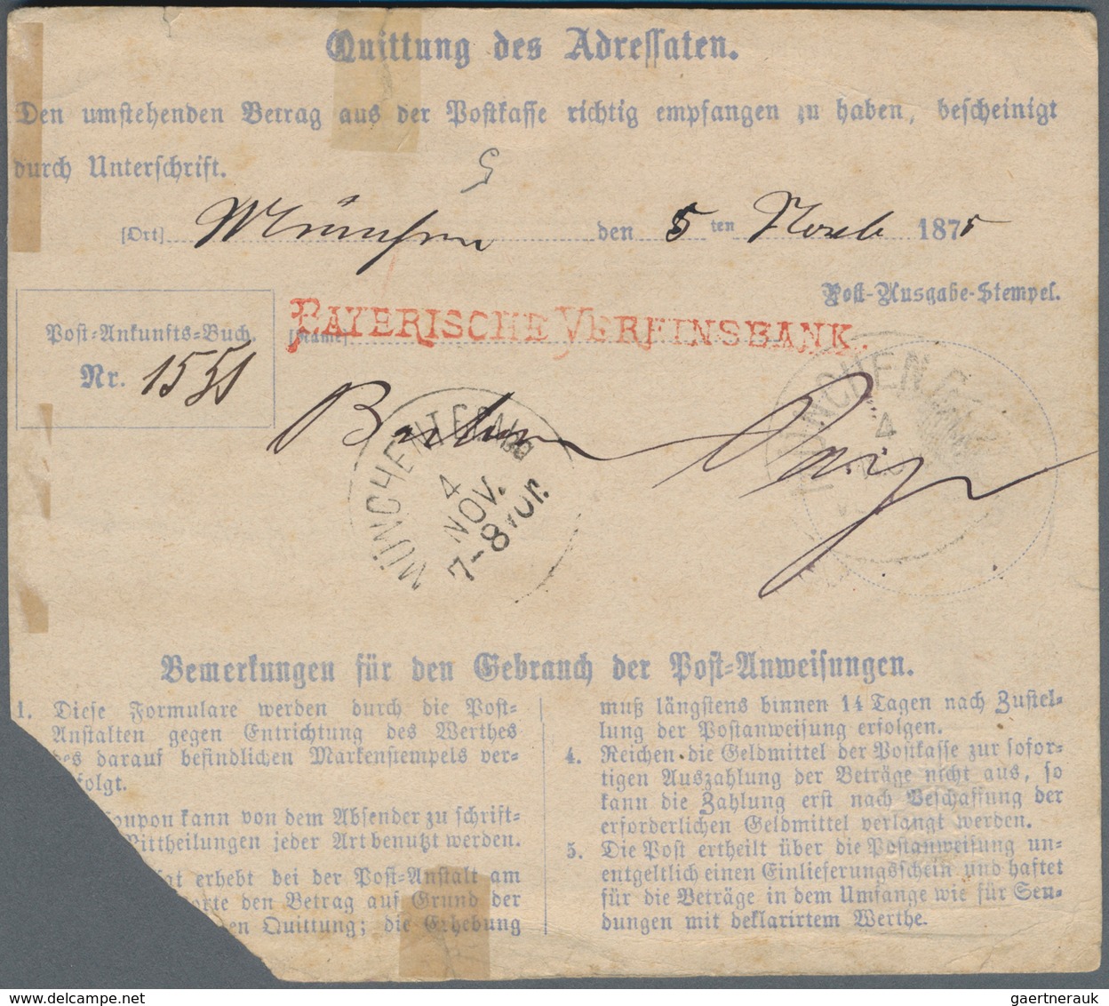 Bayern - Postanweisungen: 1874, Postanweisungs-Ganzsache 12 Kr Violett, Type II Mit Zusatzfrankatur - Other & Unclassified