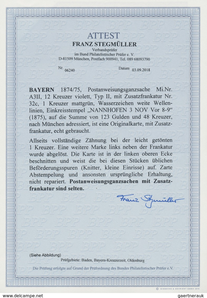 Bayern - Postanweisungen: 1874, Postanweisungs-Ganzsache 12 Kr Violett, Type II Mit Zusatzfrankatur - Other & Unclassified