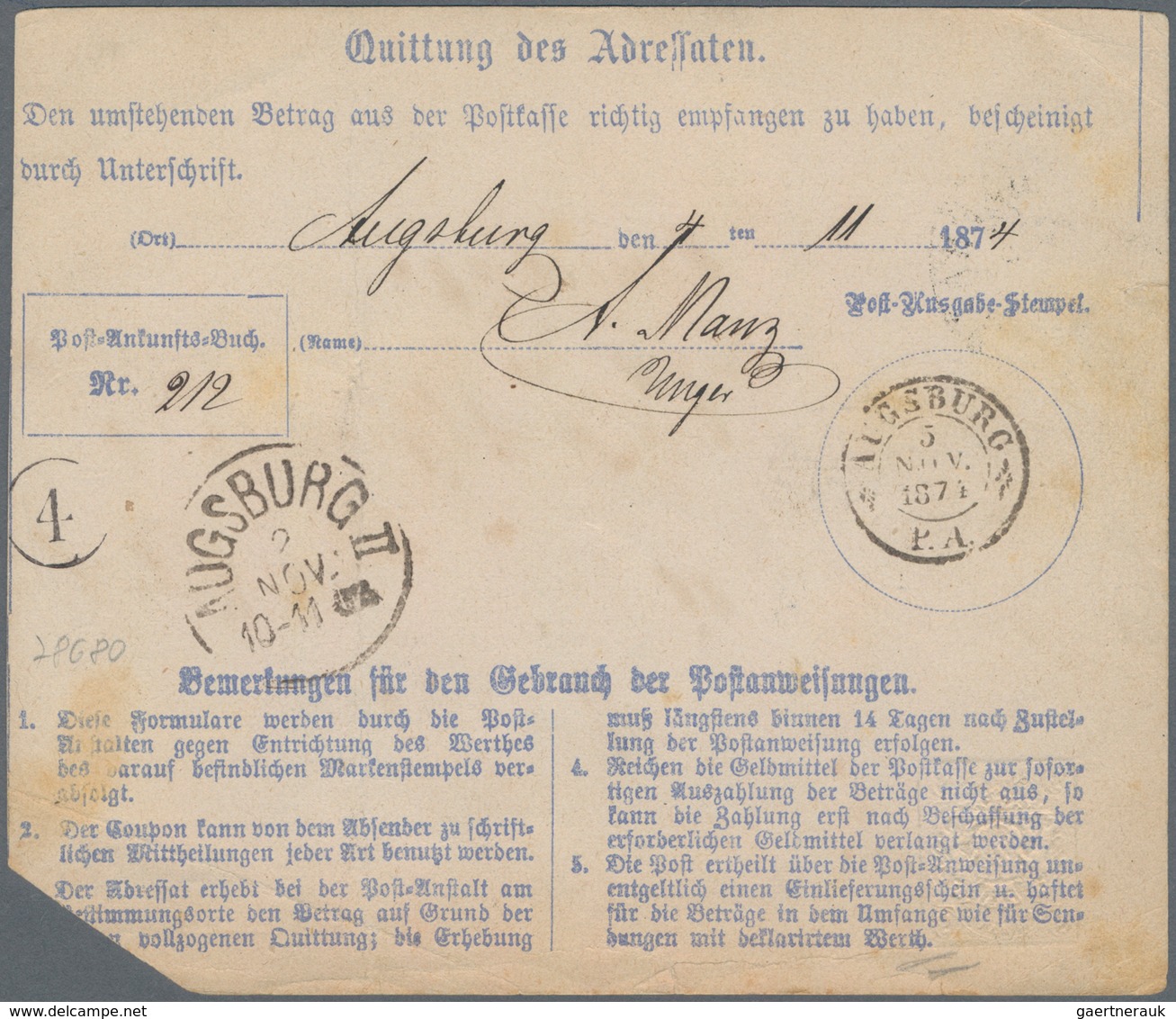 Bayern - Postanweisungen: 1874, 6 Kr Braun Type II Entwertet Mit K1 GRAFRATH über 2 Gulden Und 12 Kr - Other & Unclassified