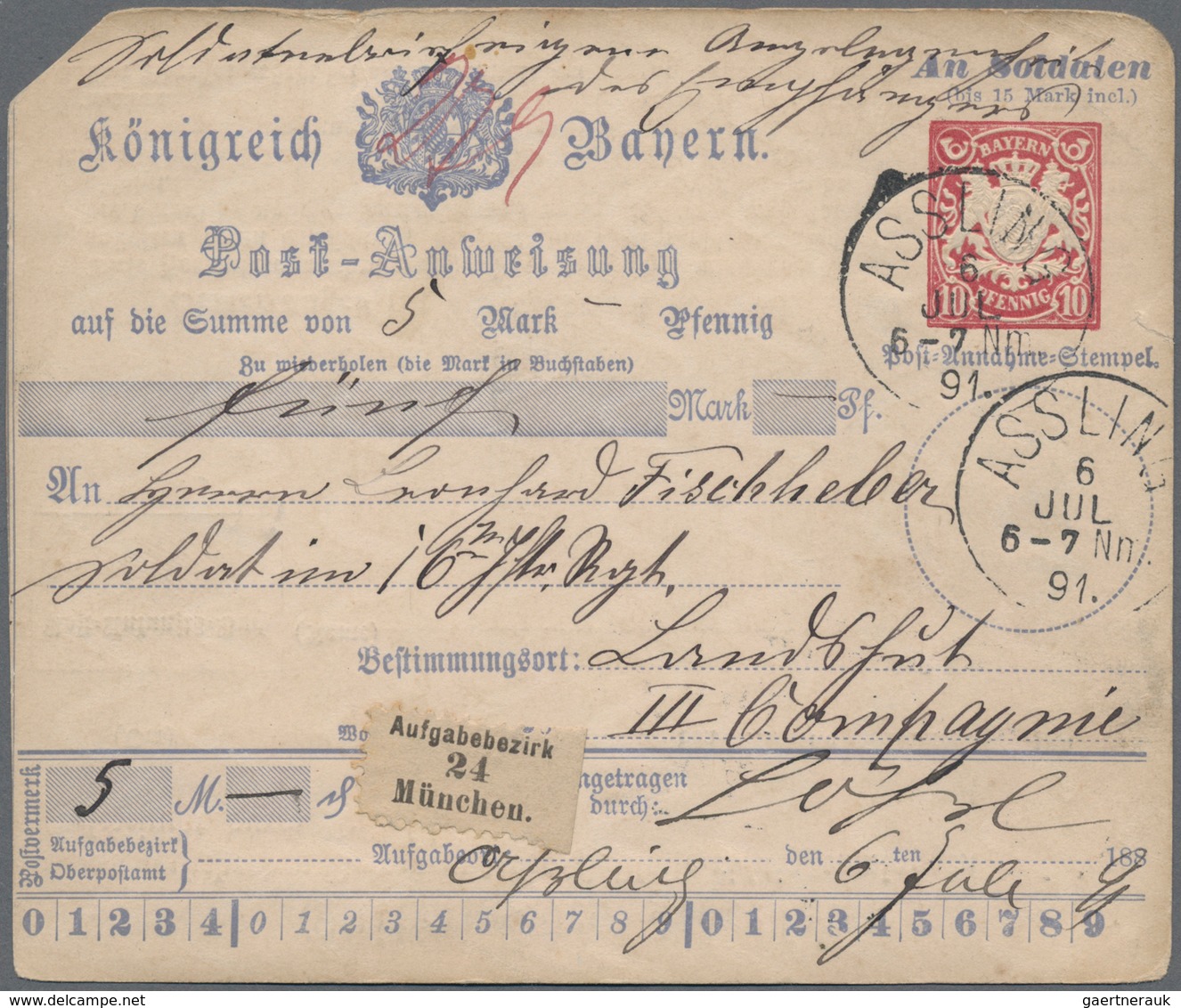 Bayern - Postanweisungen: 1891, 10 Pf Postanweisungsganzsache "An Soldaten" über Den Betrag Von 5 Ma - Other & Unclassified