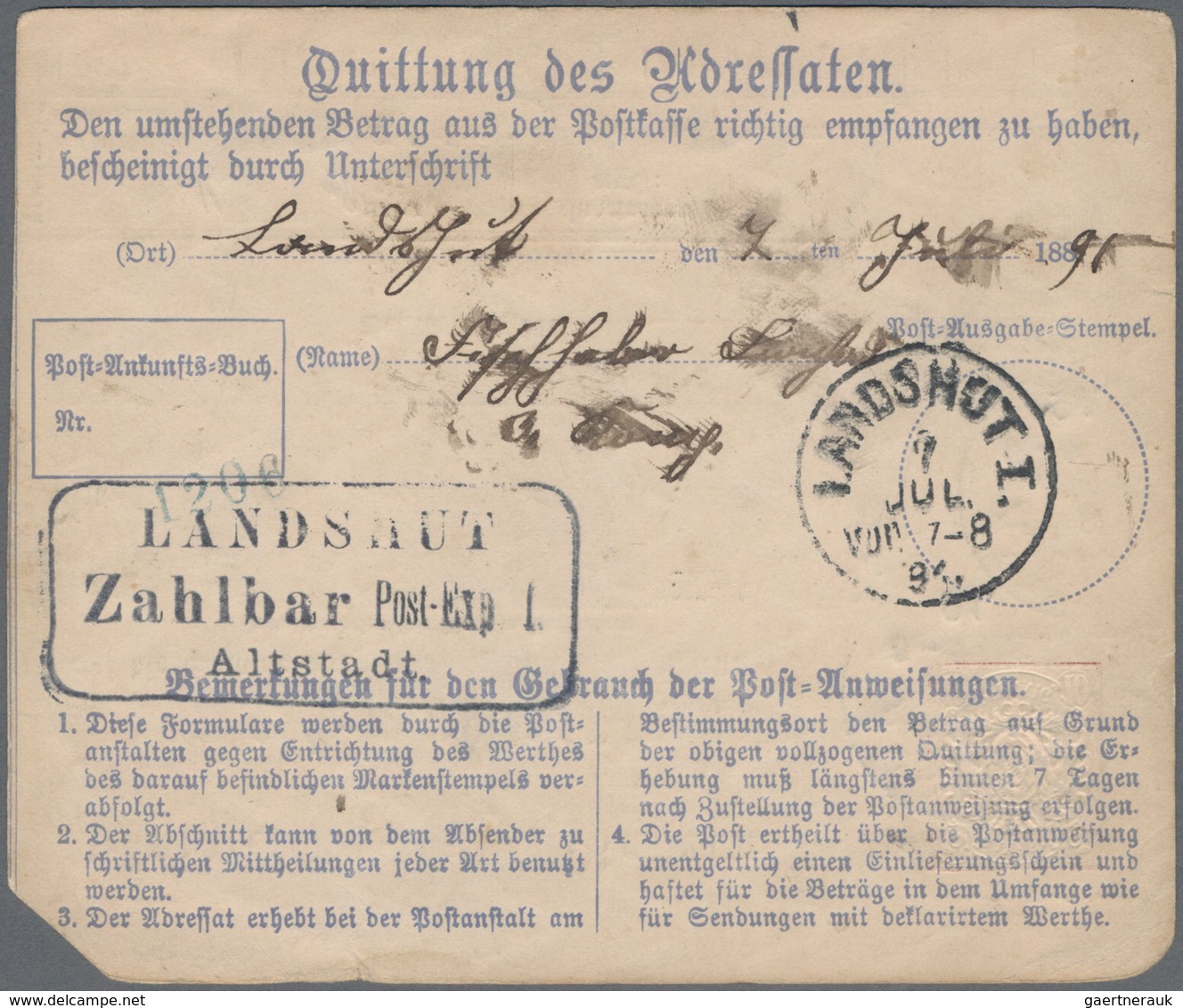Bayern - Postanweisungen: 1891, 10 Pf Postanweisungsganzsache "An Soldaten" über Den Betrag Von 5 Ma - Other & Unclassified