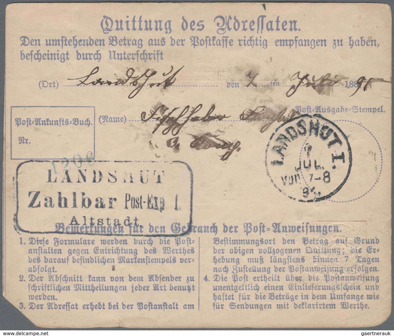 Bayern - Postanweisungen: 1891, 10 Pf Postanweisungsganzsache "An Soldaten" über Den Betrag Von 5 Ma - Andere & Zonder Classificatie