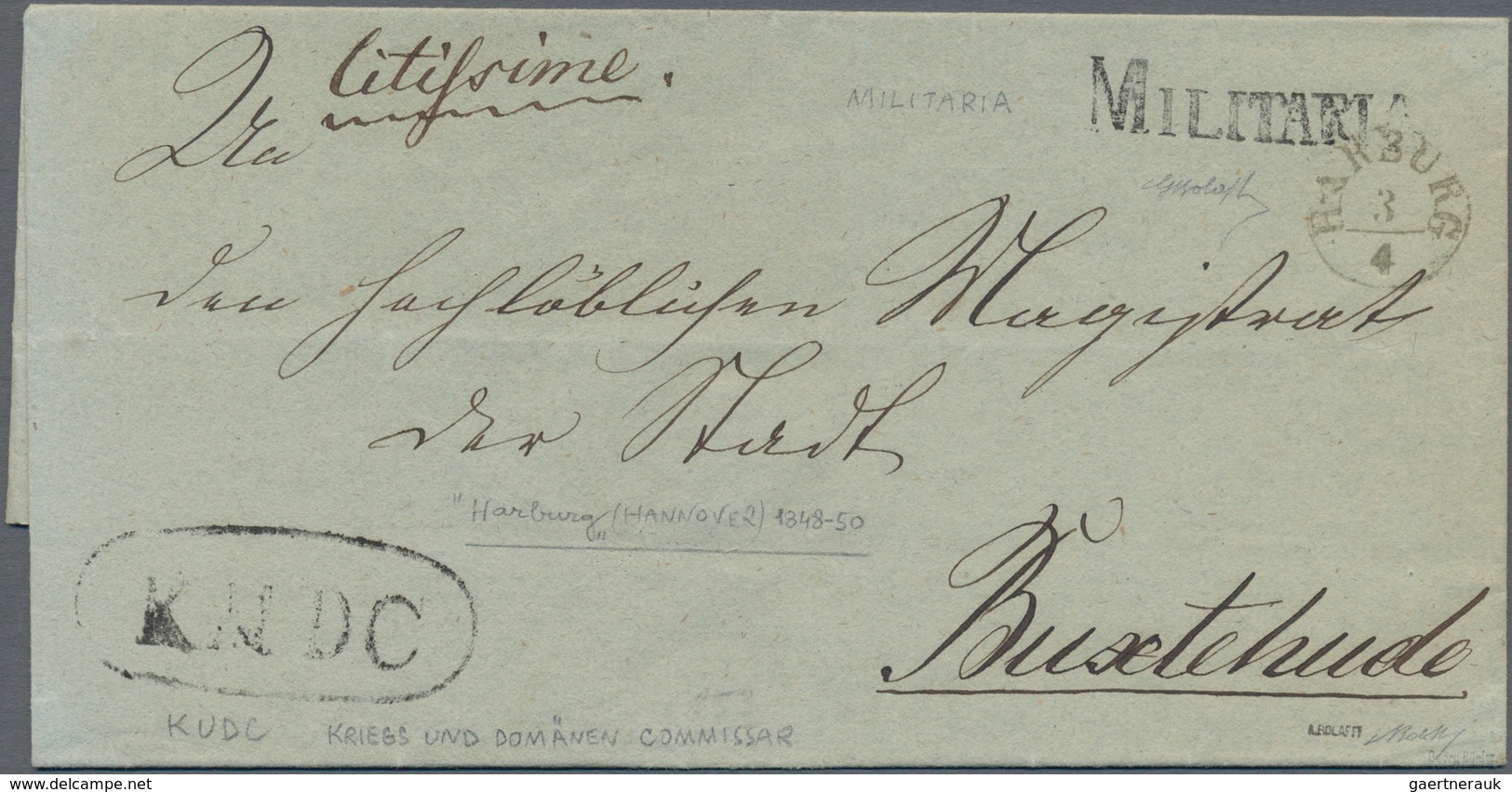 Hannover - Vorphilatelie: 1848/1850, "HARBURG" K1 Und "MILITARIA" L1 Auf Faltbriefhülle Nach Buxtehu - Prephilately