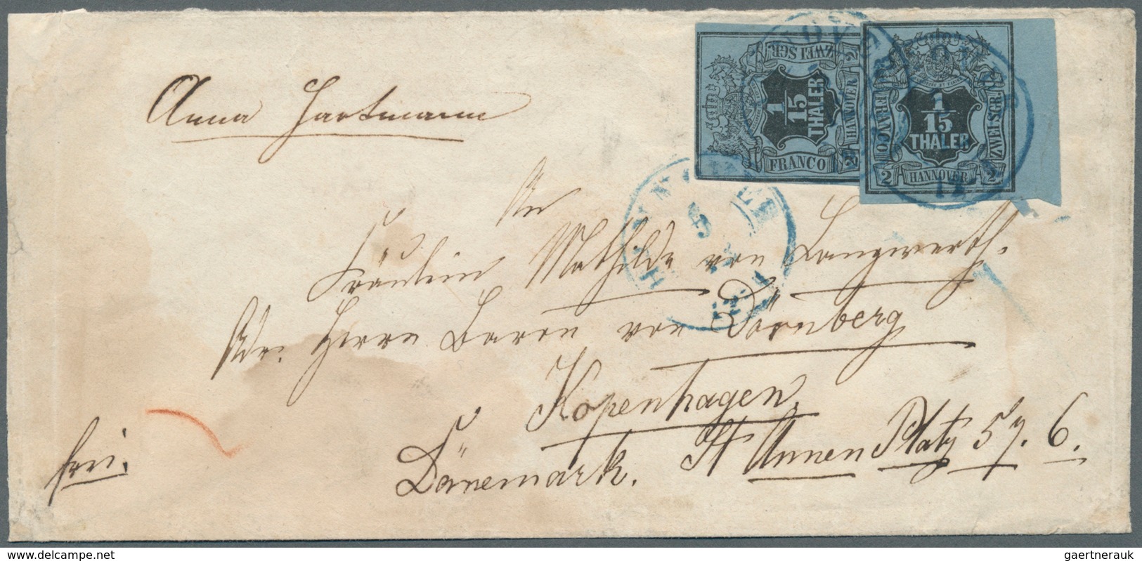 Hannover - Marken Und Briefe: 1851, Kuvert Mit Zweimal 1/15 Taler Schwarz Auf Blau Je Mit Blauem K2 - Hannover