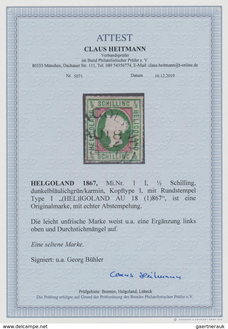 Helgoland - Marken Und Briefe: 1867, ½ S Dunkelbläulichgrün/karmin In Kopftype I, Entwertet Mit Rund - Heligoland