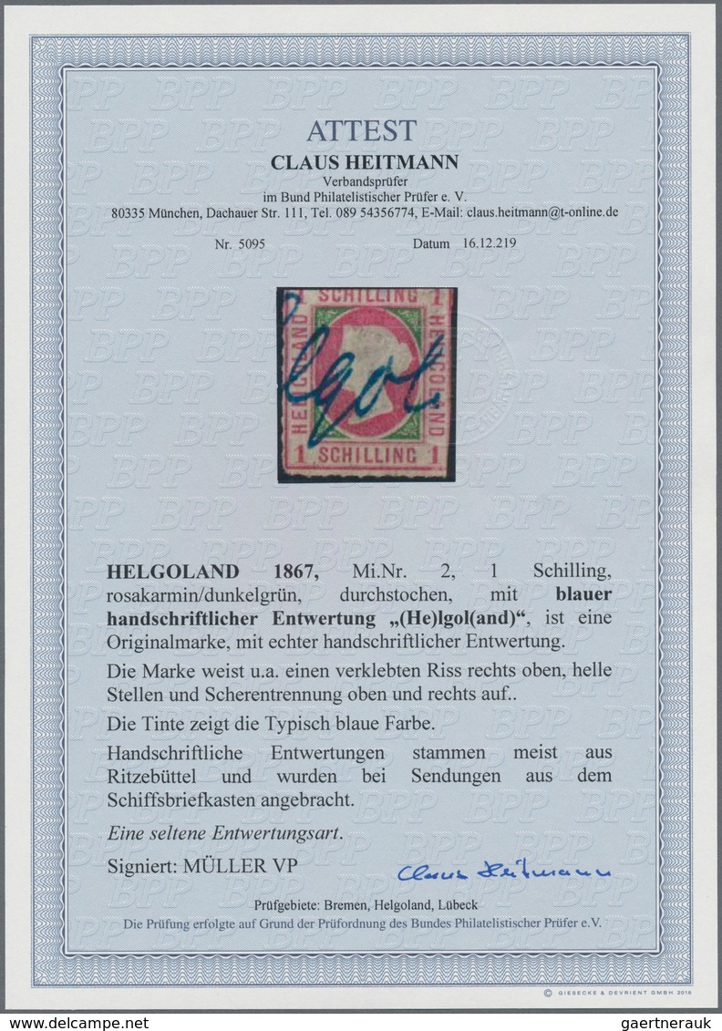 Helgoland - Marken Und Briefe: 1867, 1 S Rosakarmin/dunkelgrün, Durchstochen, Mit Blauer Handschrift - Heligoland