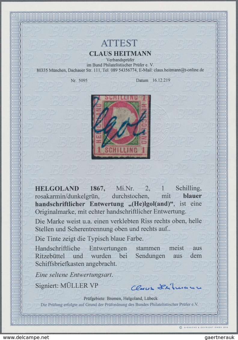 Helgoland - Marken Und Briefe: 1867, 1 S Rosakarmin/dunkelgrün, Durchstochen, Mit Blauer Handschrift - Helgoland