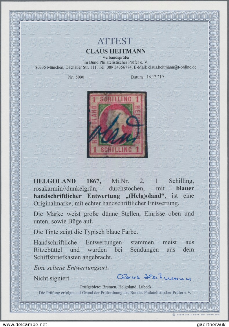 Helgoland - Marken Und Briefe: 1867, 1 S Rosakarmin/dunkelgrün, Durchstochen, Mit Blauer Handschrift - Heligoland