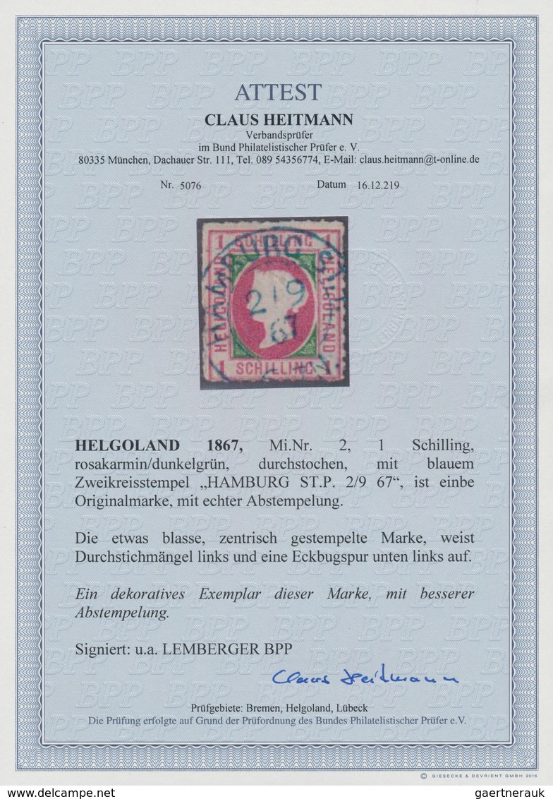 Helgoland - Marken Und Briefe: 1867, 1 S Rosakarmin/ Dunkelgrün, Durchstochen Mit Blauen K2 "HAMBURG - Heligoland
