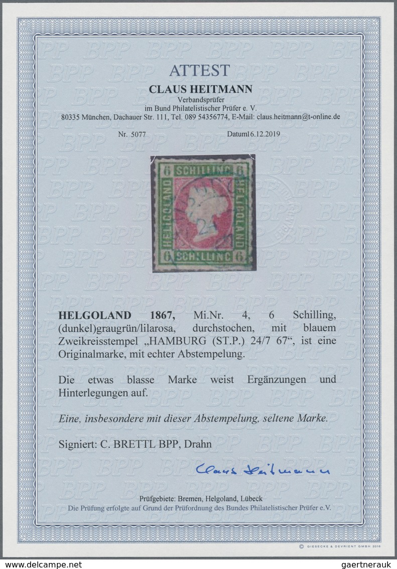 Helgoland - Marken Und Briefe: 1867, 6 S Dunkelgraugrün/ Lilarosa, Durchstochen, Gestempelt Mit Blau - Helgoland