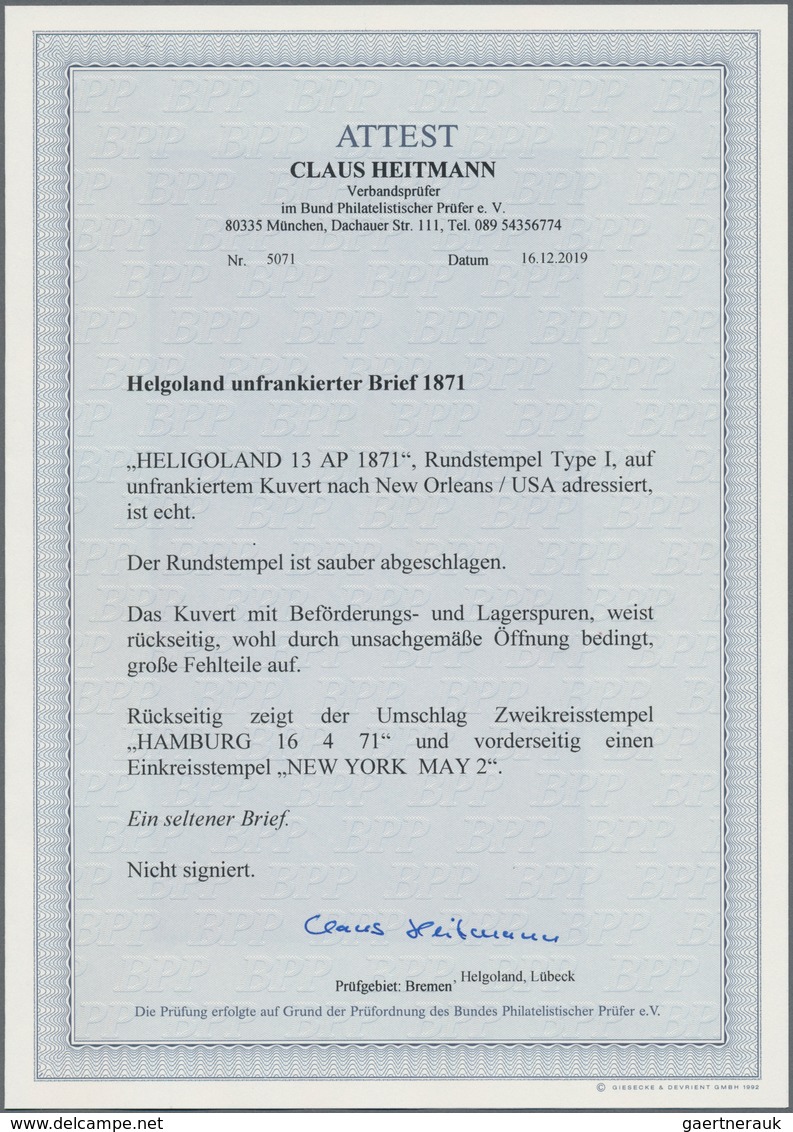 Helgoland - Marken Und Briefe: 1871, Unfrankiertes Kuvert Mit Rundstempel Type I "HELIGOLAND 13 AP 1 - Heligoland