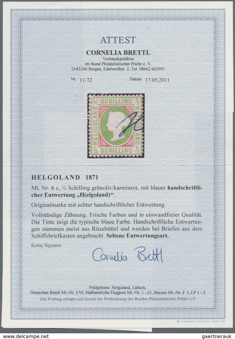 Helgoland - Marken Und Briefe: 1871, ½ S Grünoliv/karminrot, Gezähnt, Mit Blauer Handschriftlicher E - Heligoland