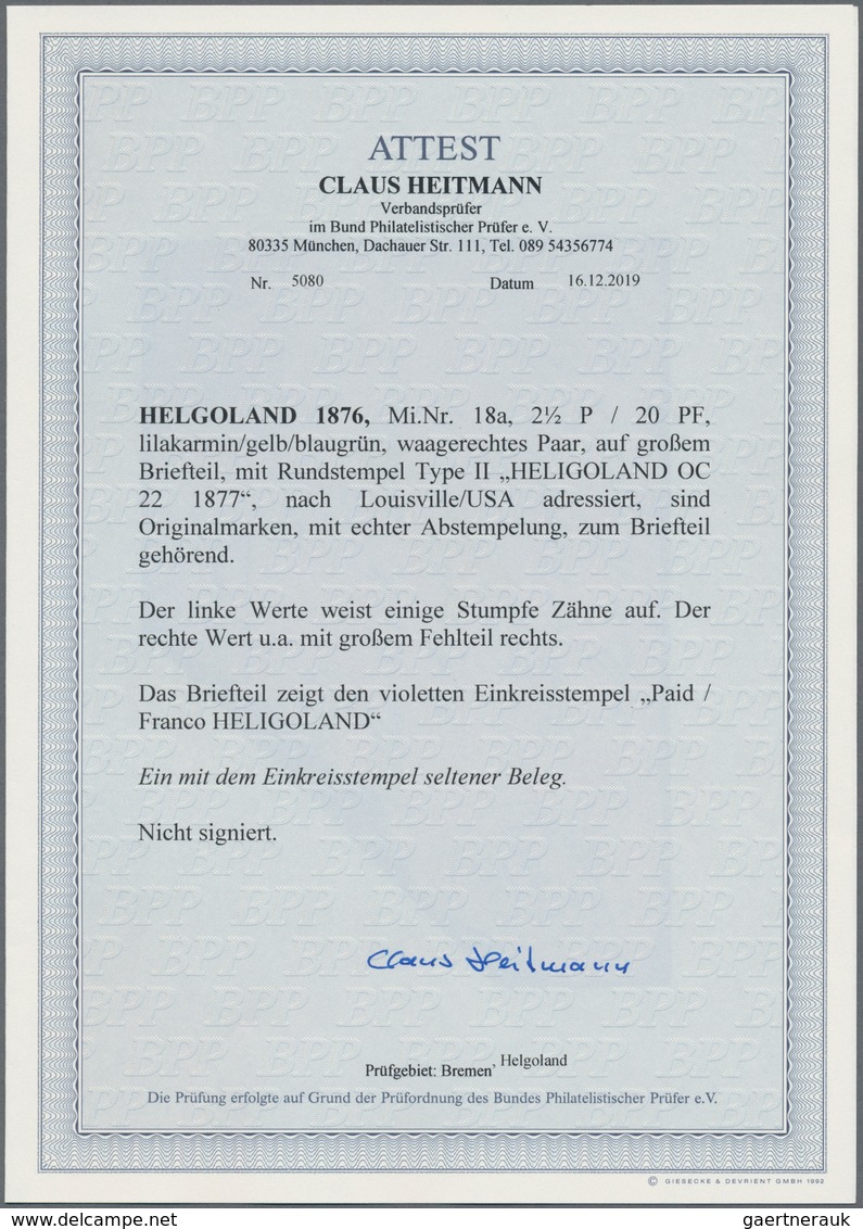 Helgoland - Marken Und Briefe: 1876, 2½ P./20 Pf. Lilakarmin/gelb/blaugrün Im Waagerechten Paar Auf - Heligoland