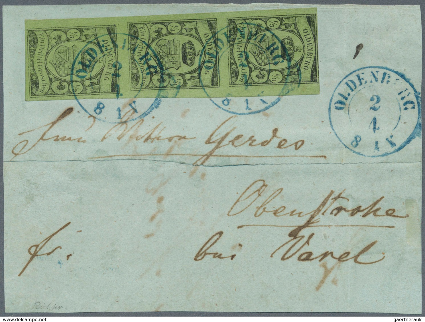 Oldenburg - Marken Und Briefe: 1859/61: ⅓ Gr. Schwarz Auf Grün, Senkrechter Dreierstreifen, Farbfris - Oldenburg