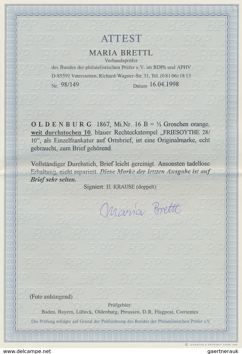 Oldenburg - Marken Und Briefe: 1867, ½ Gr. Orange, Weiter Durchstich, Farbfrisches Exemplar Als Tari - Oldenburg