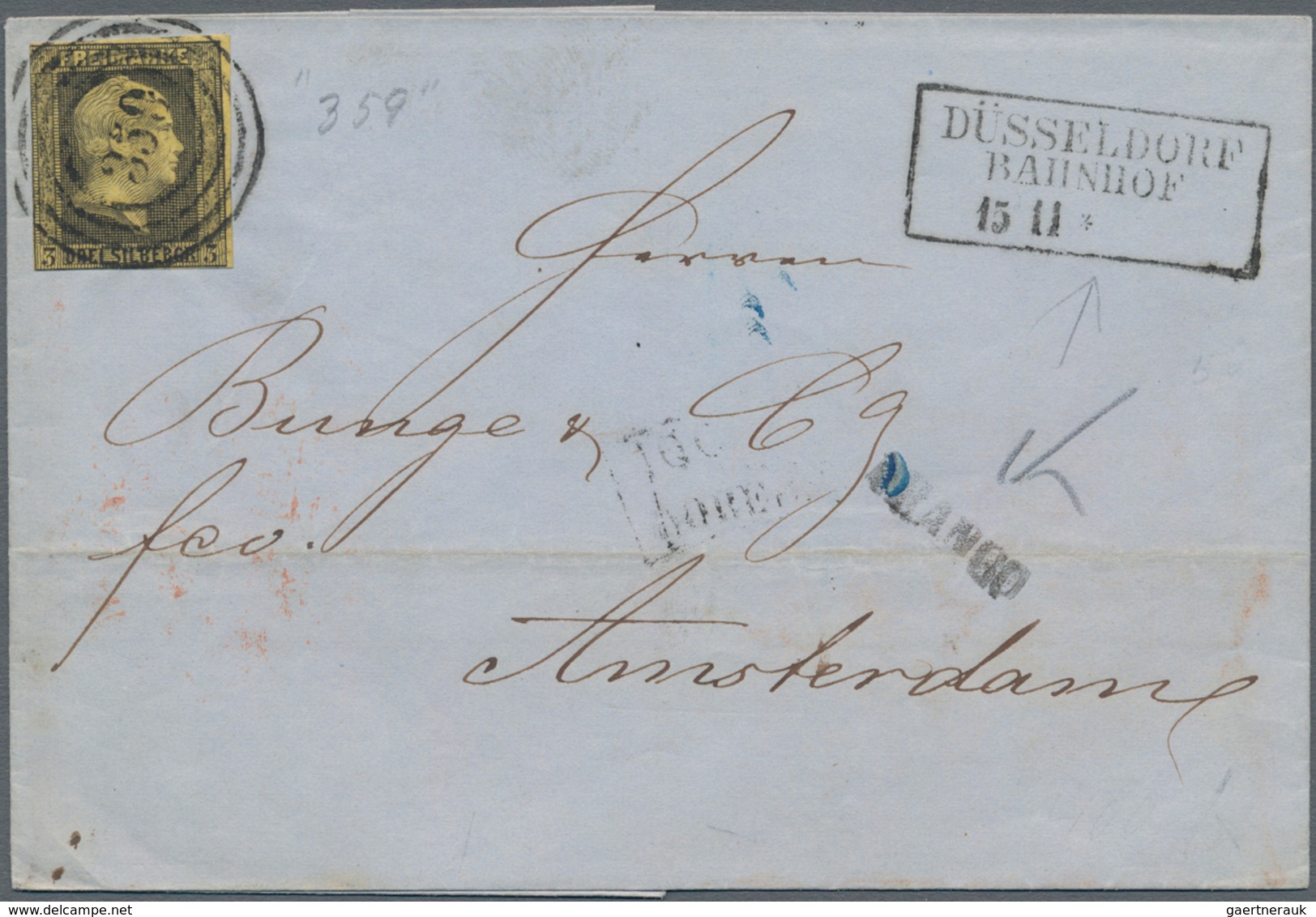 Preußen - Marken Und Briefe: 1855, 3 Sgr Schwarz Auf Gelb Mit "359" Und Beigesetzt Ra3 "DÜSSELDORF B - Other & Unclassified