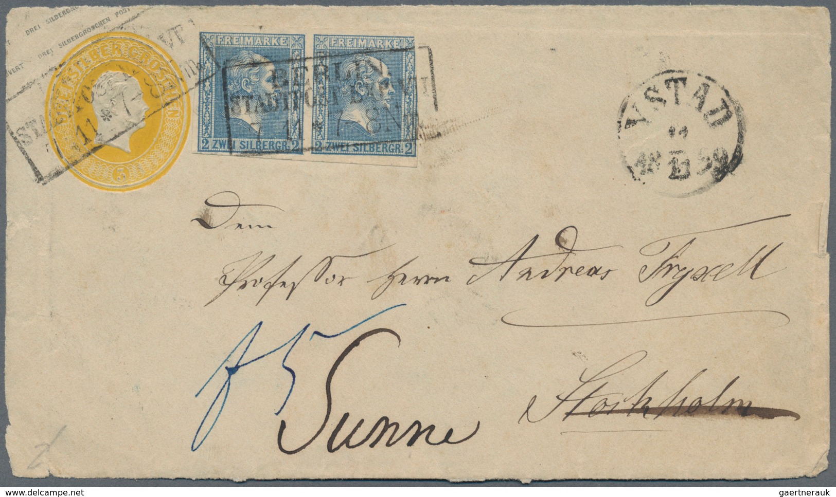 Preußen - Marken Und Briefe: 1858, Paar 2 Sgr. Hellblau Auf Ganzsachen-Vorderseite 3 Sgr. Gelb Nach - Other & Unclassified