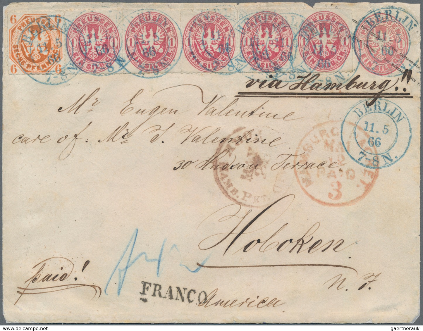 Preußen - Ganzsachen: 1862, GA-Umschlag 1 Sgr. Rosa + Fünferstreifen 1 Sgr. Rosa + 6 Pf Orange Nach - Other & Unclassified