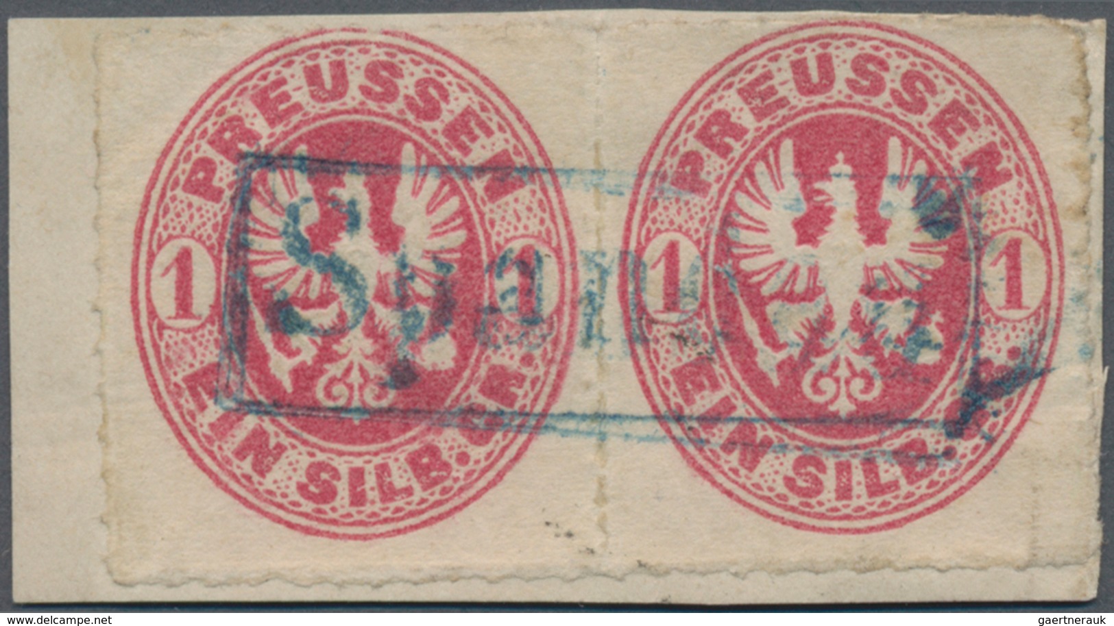 Preußen - Stempel: Ra1 "Spandau" In Blau Zentrisch Auf Briefstück Mit Waagerechtem Paar 1 Sgr Wappen - Sonstige & Ohne Zuordnung