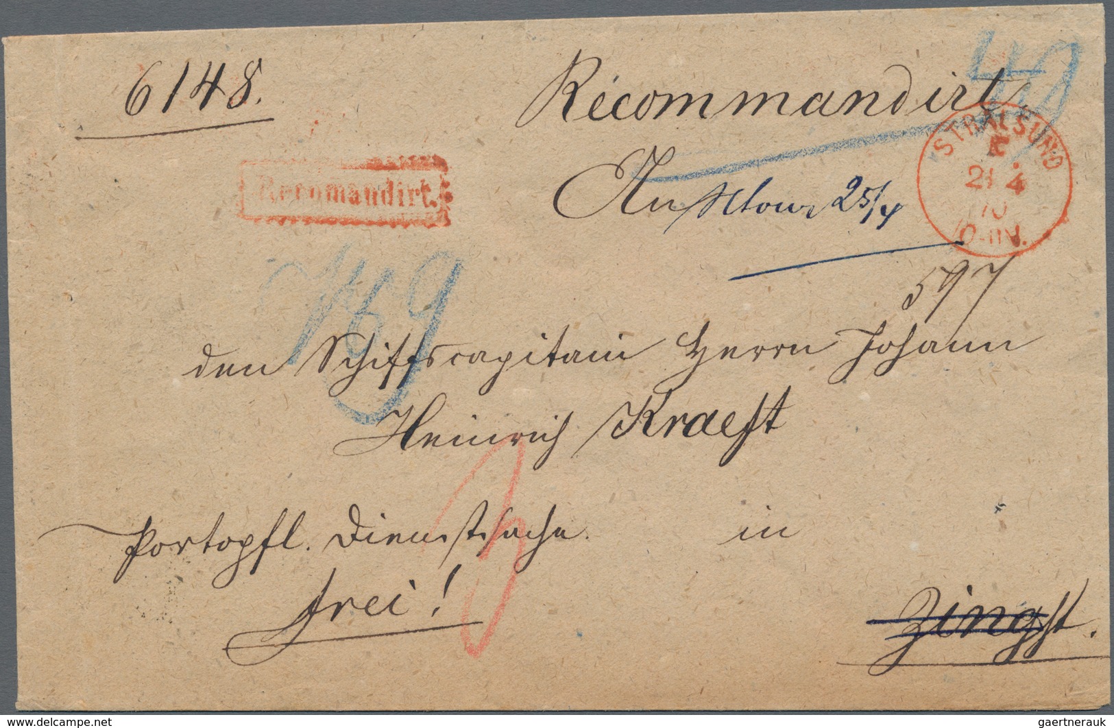 Preußen - Stempel: STRALSUND: 1870, Roter K1 Auf Reco-Brief Vom 24. April Als Taxierte, Portopflicht - Sonstige & Ohne Zuordnung