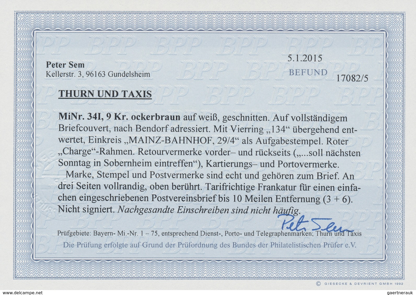 Thurn & Taxis - Marken Und Briefe: 1865, 9 Kr. Braun, Einzelfrankatur Auf Kleinformatigem Chargé-Bri - Sonstige & Ohne Zuordnung
