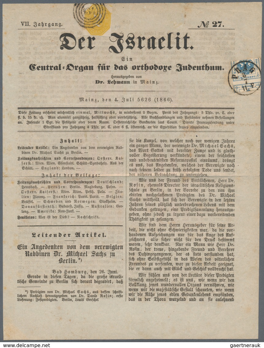 Thurn & Taxis - Ganzsachenausschnitte: 1866, 2 Kr. Gelb, Viereckig Geschnitten Auf Titelblatt Der Ze - Andere & Zonder Classificatie