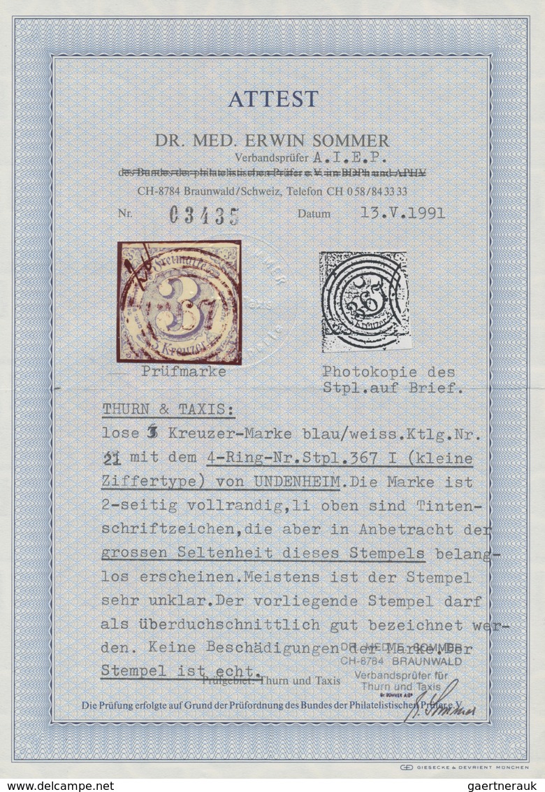 Thurn & Taxis - Nummernstempel: "367" UNDENHEIM (kleine Ziffer) Zentriert Bzw. Klar Auf 3 Kr., üblic - Other & Unclassified