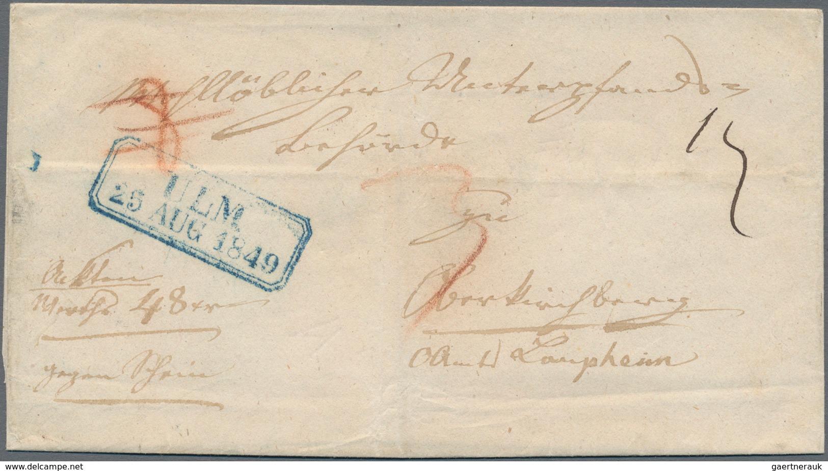 Württemberg - Vorphilatelie: ULM 25 AUG 1849, Klarer Blauer Achteckiger Ra2 Auf "Wertbrief Gegen Sch - Prephilately