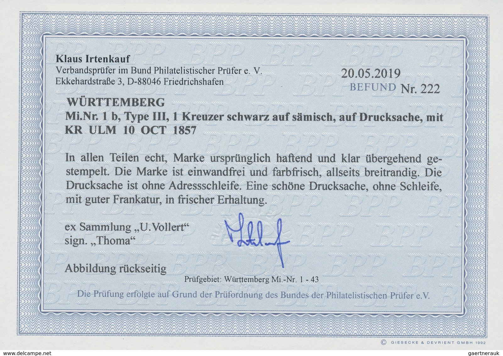 Württemberg - Marken Und Briefe: 1851, 1 Kr. Schwarz Auf Sämisch, Allseits Vollrandig Mit DKr. "ULM - Other & Unclassified