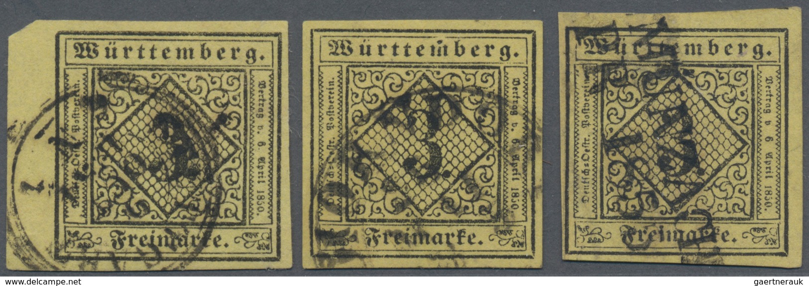 Württemberg - Marken Und Briefe: 1851, 3 Stück 3 Kreuzer Schwarz Auf Gelb Mit Besseren Stempeln DKr - Other & Unclassified