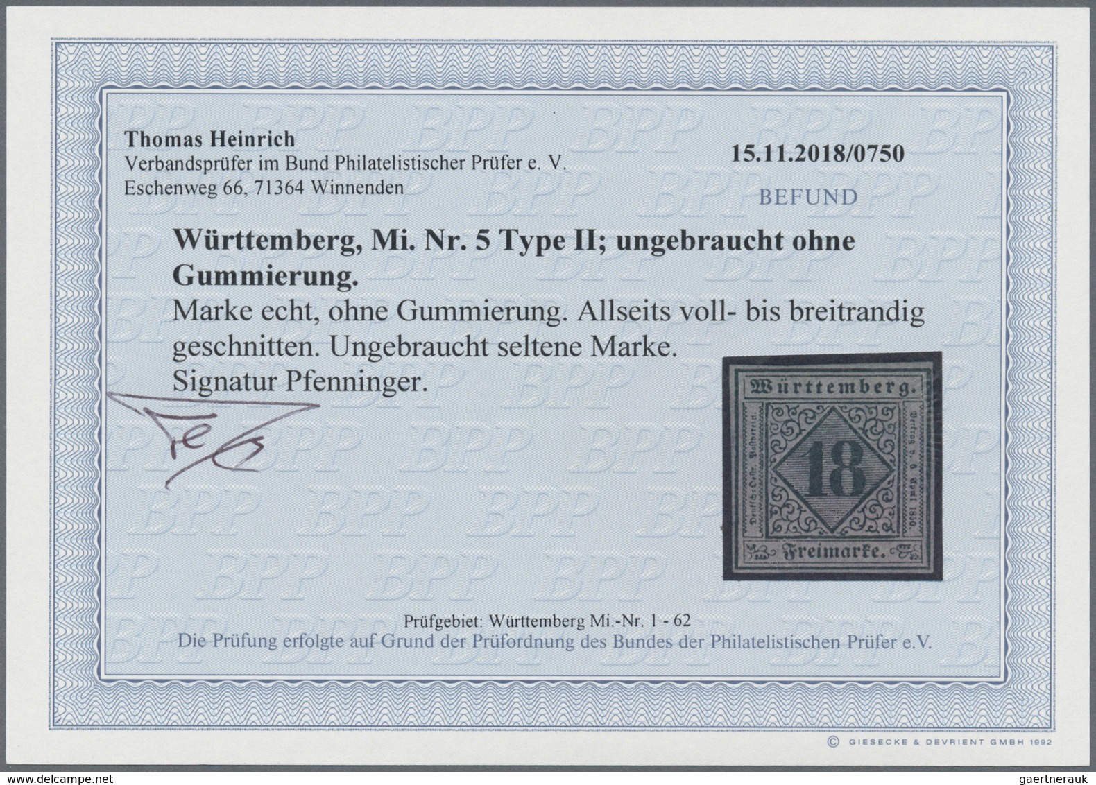 Württemberg - Marken Und Briefe: 1851, Ziffern 18 Kr. Schwarz Auf Bläulichviolett In Type II, Ungebr - Andere & Zonder Classificatie