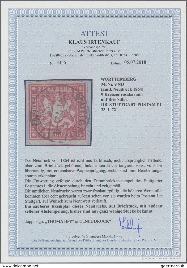 Württemberg - Marken Und Briefe: 1857, Wappenzeichnung 9 Kreuzer Rosakarmin, Farbfrischer Amtlicher - Sonstige & Ohne Zuordnung