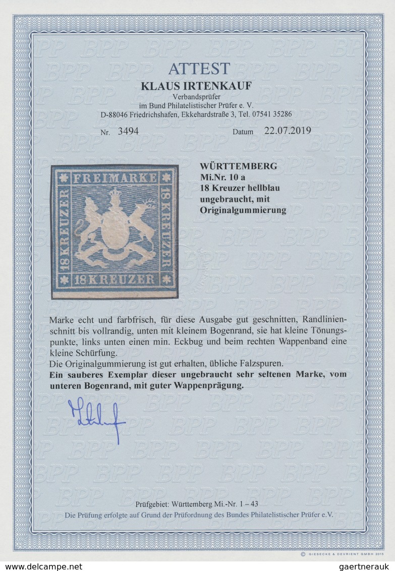 Württemberg - Marken Und Briefe: 1857, Wappen 18 Kr. Hellblau Mit Seidenfaden, Ungebraucht Mit Origi - Autres & Non Classés
