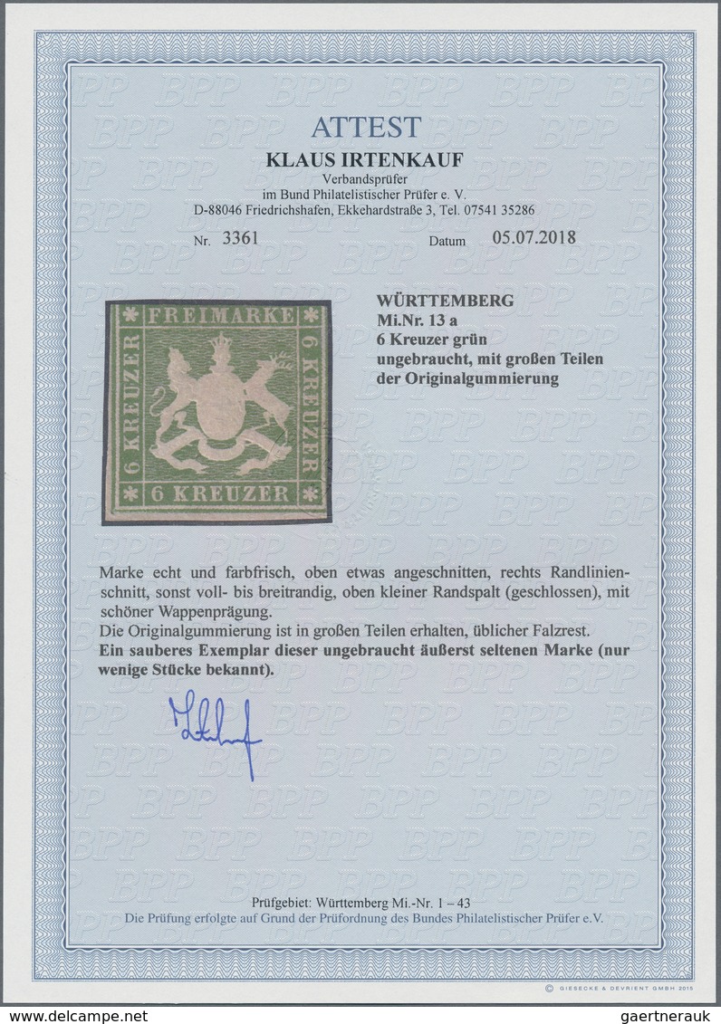 Württemberg - Marken Und Briefe: 1859, 6 Kreuzer Grün Mit Schöner Wappenzeichnung, Ungebraucht Mit G - Sonstige & Ohne Zuordnung