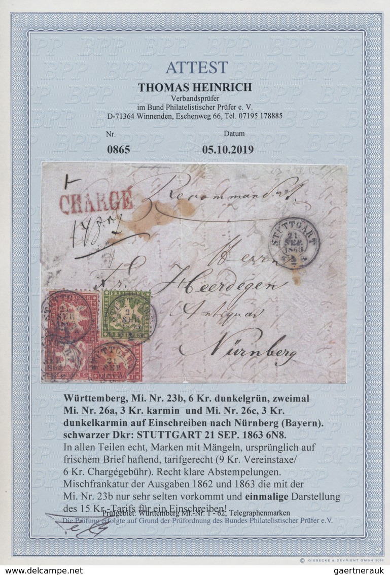 Württemberg - Marken Und Briefe: 1863, 6 Kr. Dunkelgrün, Zwei Werte 3 Kr. Karmin Und Einmal 3 Kr. Du - Andere & Zonder Classificatie