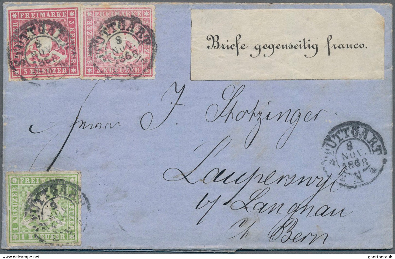 Württemberg - Marken Und Briefe: 1868, 1 Kreuzer Hellgrün Mit PLATTENFEHLER Und 2x 3 Kreuzer Rosa En - Sonstige & Ohne Zuordnung